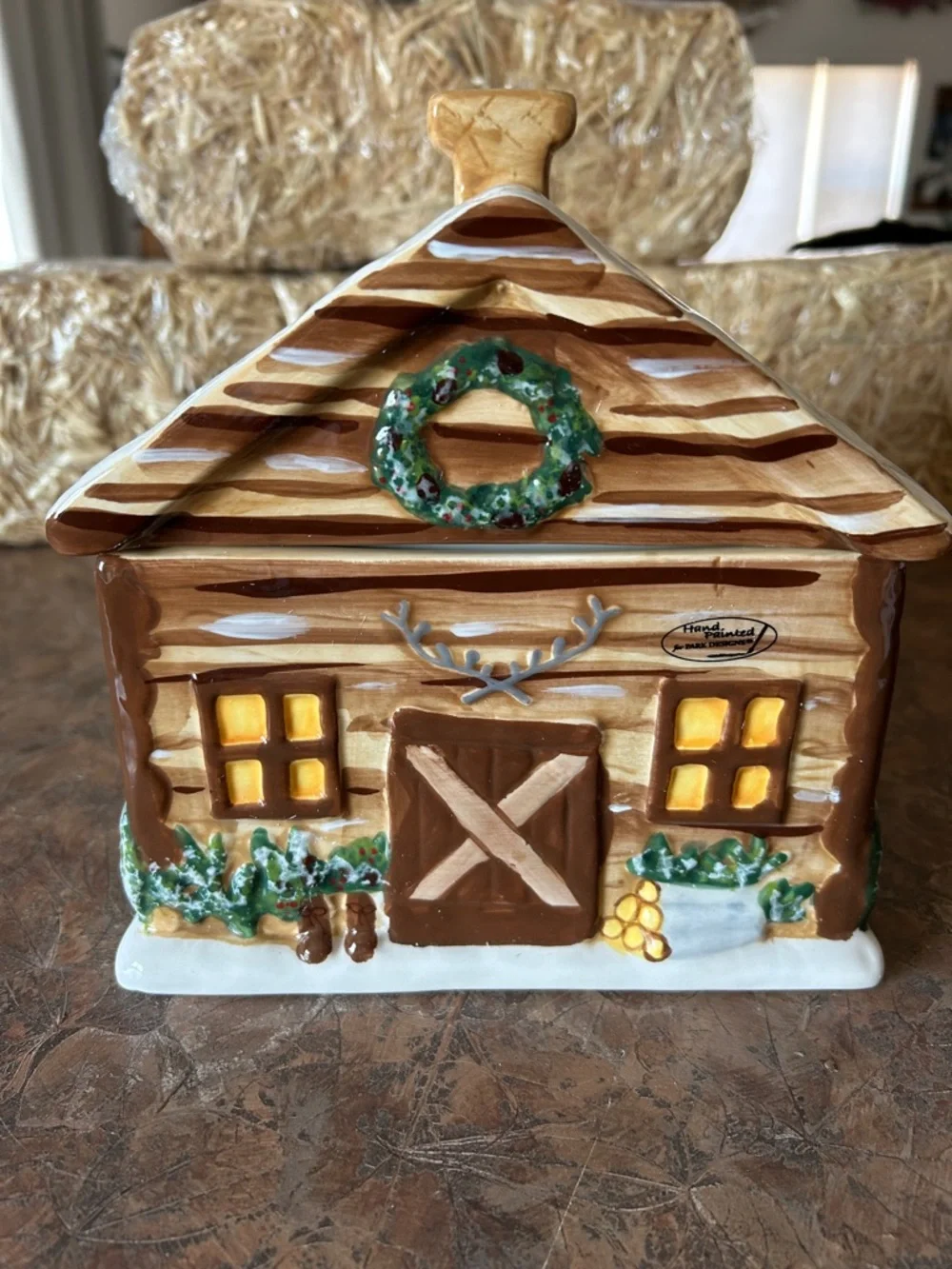 Hand Painted Sweet Log Cabin Home Ceramic Cookie Jar
